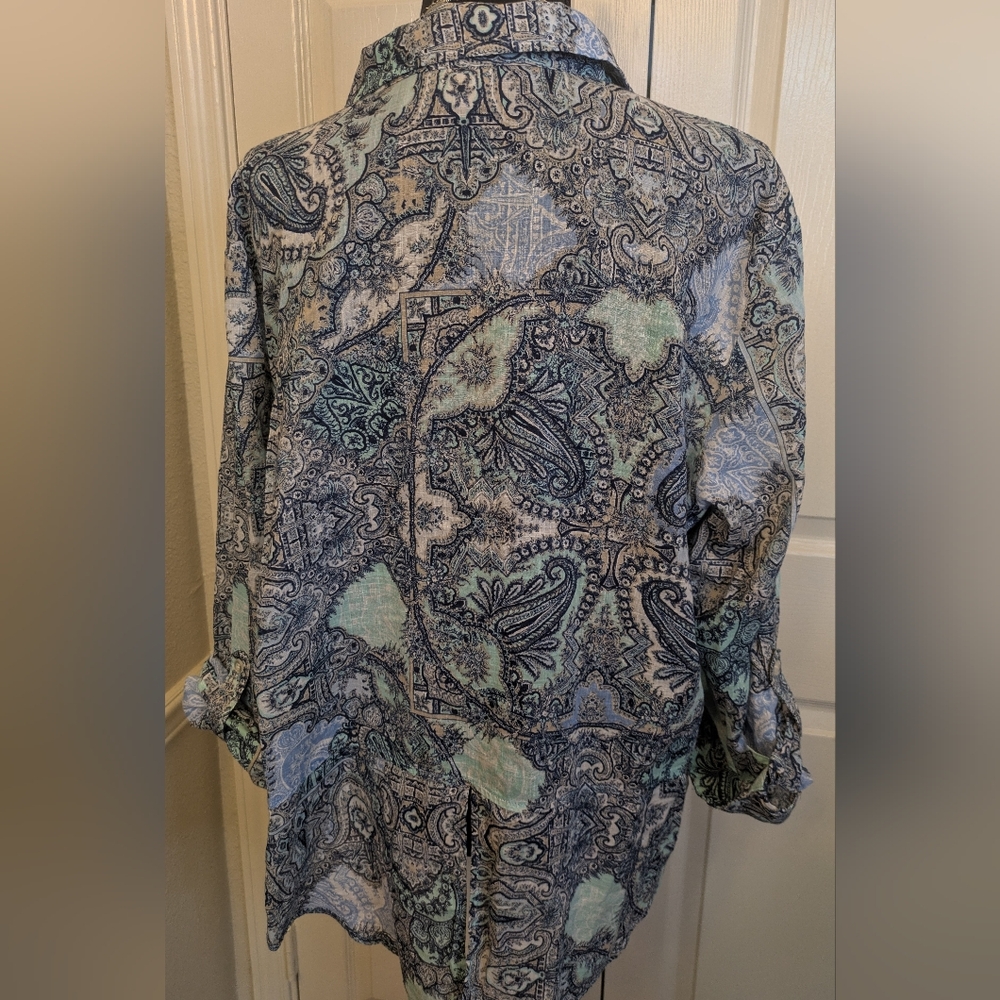 Chico's Teal and Navy Paisley Button Up EUC Sz3 = L - Picture 6 of 8